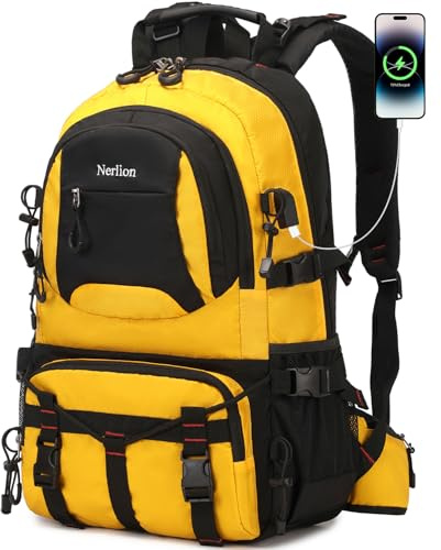 Nerlion 40L Wanderrucksack Reiserucksack für Männer Frauen Camping Wasserdicht Outdoor Wandern Tagesrucksack Leichter Rucksack, A5, Gelb, 40L, Wanderrucksack