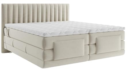 Vente-unique-Boxspringbett mit vertikalen Ziernähten am Kopfteil + elektrischem Untergestell mit Relaxfunktion + Matratze + Topper - 2 x 80 x 200 cm - Samt - Beige - DONISI von Palacio