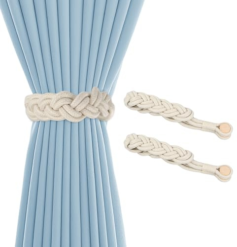 PTJJXA Magnetische Vorhang Raffhalter, Gardinenhalter, Vorhang Halter, Gardinen Halterung, Vorhang Seilhalter, Vorhang Binder, Boho Stil Seil für Gardinen, Magnetic Curtain Tiebacks Ohne Bohrer 2PCS