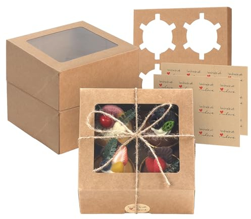 Coolty 20 Stück Faltfreie Cupcake-Boxen 4 Loch mit Fenster und Einsatz, Braun, Rustic Modern, 16x16x7,5cm mit 5 ~ 6,5cm Löchern, Backwaren, Kuchen, Gebäck, Geschenke
