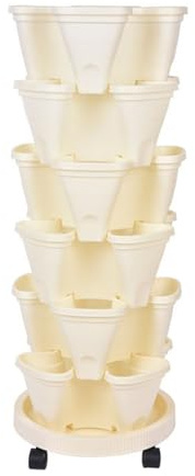 Macetero de Fresas Apilable de 6 Niveles, Macetero de Jardín Vertical, Macetero de Torre de Jardín Apilable, Macetero Móvil para Interior/exterior para Cultivar Verduras(Beige)