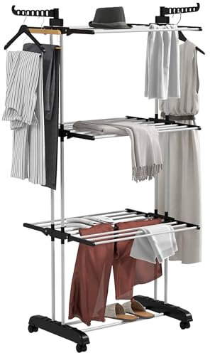 HOMCOM Stendino a Torre Pieghevole a 4 Livelli, Stendibiancheria Salvaspazio con Ali Laterali Girevoli e 4 Ruote, in Acciaio e PP, 73x64x177 cm, Nero