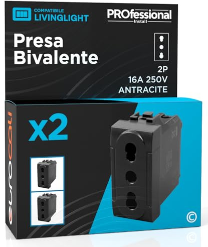 Presa Elettrica Italiana 2P+T Bivalente 10/16A 250V Compatibile con BTicino Livinglight Presa di Corrente Bipasso Pluristandard da Muro Frutti Elettrici Colore Antracite - Confezione da 2