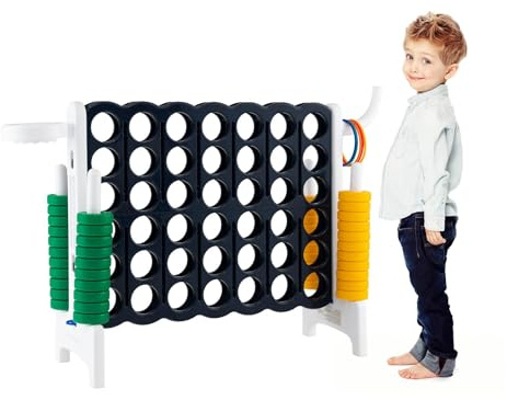 HOMASIS Riesiges 4 Gewinnt Spiel, 4 in Einer Reihe Spiel mit Basketballkorb & Wurfspiel, Strategiespiel mit 42 Ringen, XXL Brettspiel Spielzeug für Kinder & Erwachsene Outdoor (Dunkelblau + Weiß)