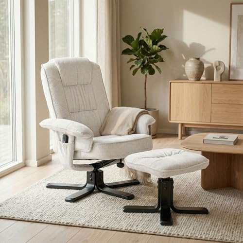 IDIMEX Relaxsessel Charly mit Hocker weiß - TV Sessel mit Verstellbarer Rückenlehne, Wohnzimmersessel mit Seitenfach und Beinablage, Loungesessel aus Kordstoff