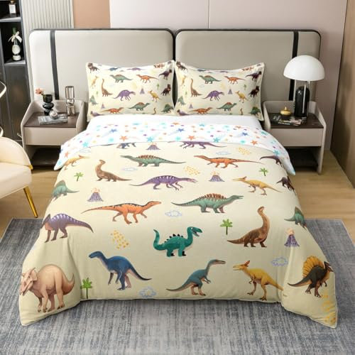 Loussiesd Dinosaurier 100% Baumwolle Bettwäsche Set 200x200cm Für Kinder Jungen Teens Dino Bettbezug Set Dino Betten Set Dekorative Weich Bettwäsche-Set mit Reißverschluss Atmungsaktiv