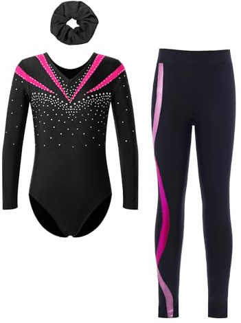 Fldy Kinder Mädchen Gymnastikanzug Langarm Mit Hose Lang Glitzer Turn Trikot Leggings Haargummi/Top 3er Tanzkleidung Set Hotpink&Haargummi 146-152