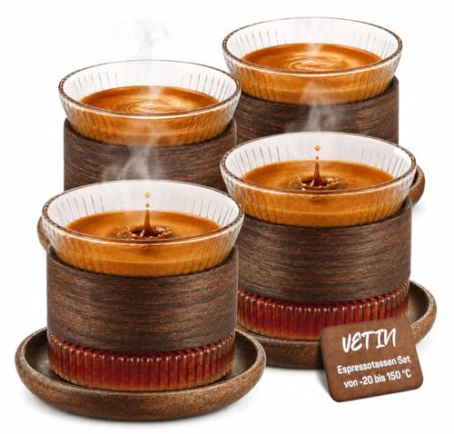 VETIN Set di 4 tazze da caffè con piattini e anello in legno, 170 ml, vetro borosilicato, resistente al calore, per caffè e cappuccino, tazze in vetro da espresso, bianco trasparente