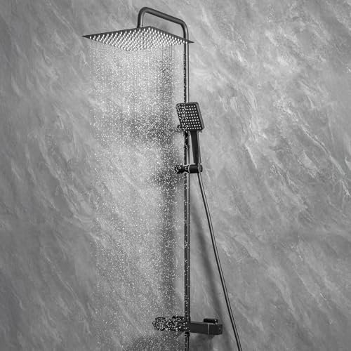Auralum Columna Ducha Termostática Negra Columna Hidromasaje Juego Completo, Acero Inoxidable 30cm Ducha Lluvia, Barra Regulable 88-124cm, 6 Modos Chorro Ducha Mano