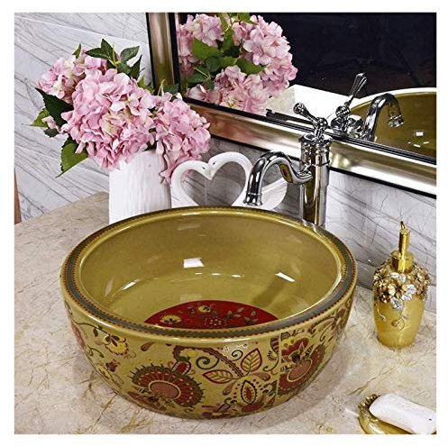 PUFAHAU Lavabo de cerámica para baño, Cuenco artístico de Porcelana con diseño de Flores Doradas y esmaltado Pintado.