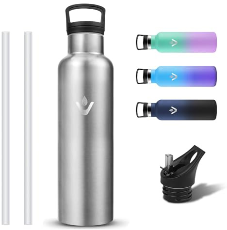 Grsta Botella Agua Acero Inoxidable 750ml, Cantimplora Termica a Prueba de Fugas, Reutilizable Termo con Pajita y Filtro, Botella Termica con 2 Tapones sin BPA para Bicicleta, Gimnasio, Colegio