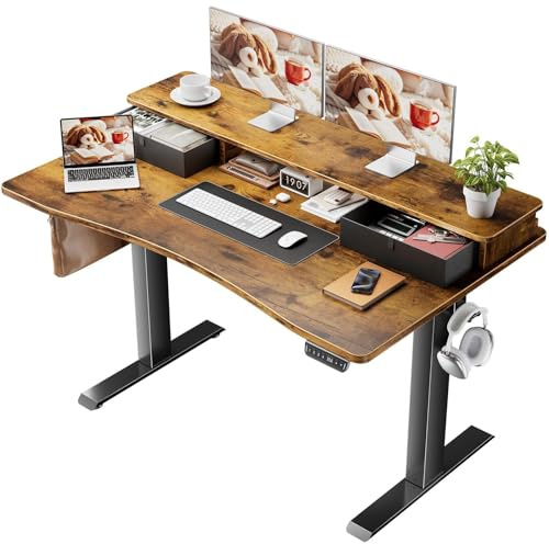 Veken 47.2×27.6 Standing Desk with Storage Drawers, Adjustable Height Computer Table with Monitor Shelf, Home Office Desk for Study, Gaming, Workstation, Brown