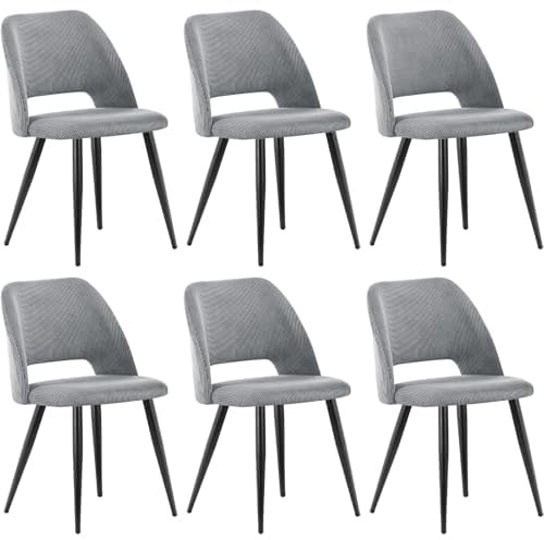 WAFTING Esszimmerstühle aus Cordstoff mit Dickem Schwamm,6er Set,Grau | Mit dickem Schwamm gepolstert, separaten Metallfüßen, Moderner Polsterstuhl für Esszimmer, Wohnzimmer, Schlafzimmer,Empfang