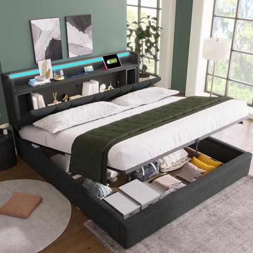 LAKFEW Doppelbett Polsterbett 140x200 cm mit USB-Ladefunktion und LED-Beleuchtung, Hydraulisch Bett mit Stauraum-Kopfteil, Bettgestell mit Lattenrost, Schlafzimmer Möbel, Leinen, Ohne Matratze, Grau