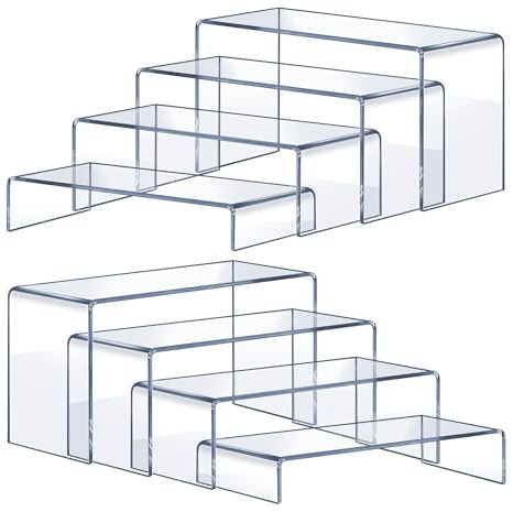 OVNTHYK Acrylic Risers 8 Pcs – Clear Rectangular Display for Perfume Organizer, Figures, Jewelry, Dessert Table & Cupcake, 4 Sizes (7, 8, 9)