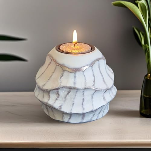 Portavelas Decoracion Hogar, Diseño Irregular y Elegante, Estilo Minimalista. Candelabro Blanco Plateado para Velas de Té. Centro de Mesa Decorativo Salon 10,3 x 9 cm. Regalo Navidad, Bodas de Plata