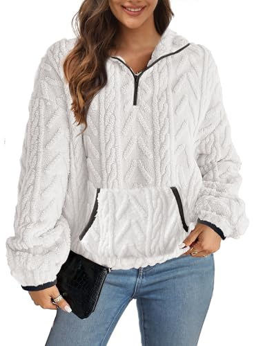 Koerye Felpe Senza Cappuccio da Donna Manica Lunga Felpe Donna con Zip Maglietta Peloso Giacca Invernale Autunno Sweatshirt Oversize Tasche Casual Hoodies Beige,M