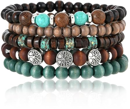 JOOTUEPO Lot de 5 bracelets de perles en bois Style ethnique bohème, Bracelet Perles Bois pour Femme avec Arbre De Vie, Cadeau pour Maman Sœur Amie