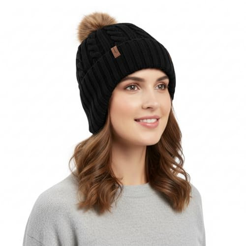 Comhats merino ull fleece fodrad öronflik varm pompom mode kallt väder beanie kvinnor, svart, M