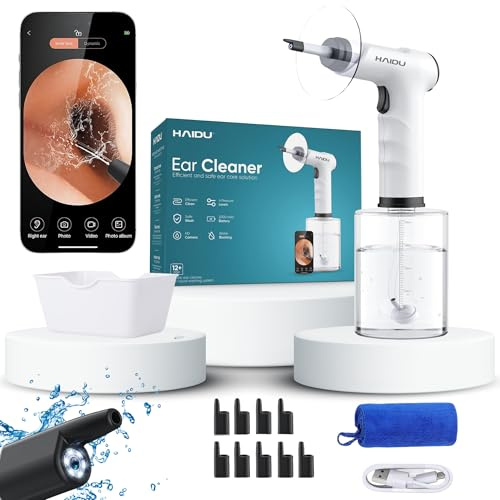HAIDU Nettoyeur d’Oreilles Pro Plus – Dispositif d’Irrigation Auriculaire avec Caméra HD | Élimine le Cérumen en Toute Sécurité | Rechargeable, Réservoir 500 ml, Convient aux Enfants et aux Adultes