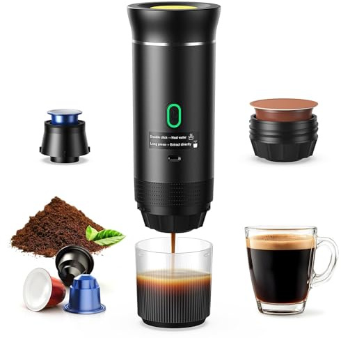 3 in 1 12V Akku Kaffeemaschine, Tragbare Kaffeemaschine, Auto Espressomaschine mit USB, Kompatibel mit kapsel und gemahlener Kaffee, 5 Minuten Schnelles Erhitzen, für camping und wohnmobil gadgets
