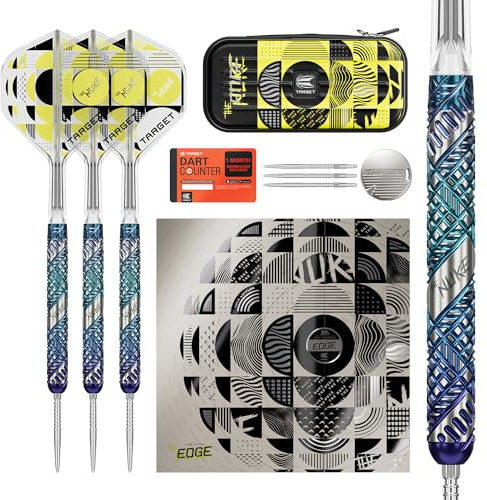 Target Darts Luke Littler Edge Steel Tip Swiss Point Dart Set, 22G/23G/24G | 95% Wolfram-Darts, The Nuke“ Player Edition mit Takoma-Etui, zusätzlichen Fire Points und Nr. 2 K-Flex-Flügeln