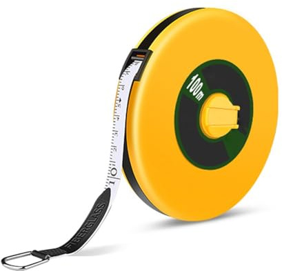 FUANA Ruban à mesurer en fibre de 10 à 100 m avec étui en ABS, outil de construction résistant à l'usure pour l'arpentage, le travail du bois et les projets ménagers, jaune 100 m