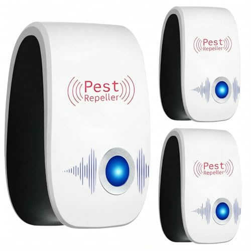 BugShield Lot de 3 répulsifs à ultrasons pour insectes et souris avec prise contre les acariens, les puces, les punaises de lit, les moustiques – Non toxique et silencieux pour chambre à coucher