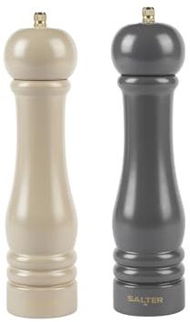 Salter Salt and Pepper Mills - Set of 2 Grinders, 23 cm Tall, Adjustable Grinding Fine to Coarse, Ceramic Mechanism, Suitable for Rock Salt/Peppercorns, Seasoning, Extra Cap Included, Beige/Charcoal | Beige And Charcoal Finish, Easy Refill Screw Cap, Fine Or Coarse Control, For Sea Salt Or Peppercorns, Extra S And P Caps