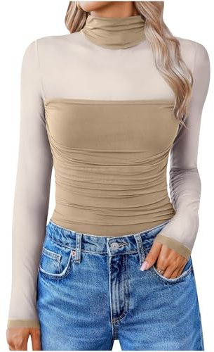 T-shirt à manches longues pour femme - Col roulé - Body gainant - Maillot en maille - Pour sortir - Tenues d'automne, kaki, S