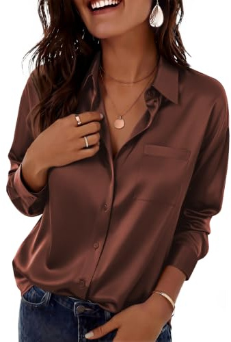 Zeagoo Women's Satin Blouse Long Sleeve Button Down Shirt Casual Office Top | V Neck Shirts | Elegant Blouses | Ladies Plain Shirt | Claasic Work Tops | Party Clothings | S-2XL