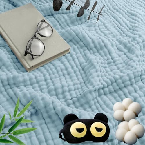 rialgirw Coperta in Mussola, Plaid Estivo Leggero in Mussola, 100% Cotone Naturale, Morbida e Traspirante — Perfetta per Letto o Divano (Light Blue,130x150cm)