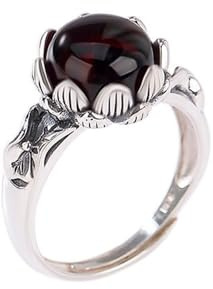 HMJGDHX Ring aus S925-Silber mit rundem Lotusblatt-Perlenring aus natürlichem rotem Bernstein (verstellbare Öffnung), Ring für Damen, echte Jade