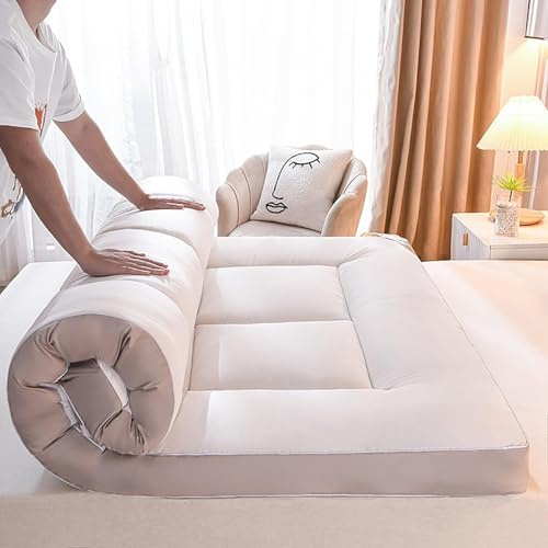 Bärbar japansk futongolvmadrass – mjuk fluffig och vikbar campingmatta för studenter och gäster, dubbelstorlek (89 cm x 203 cm) perfekt för sovsalar och resor – grå