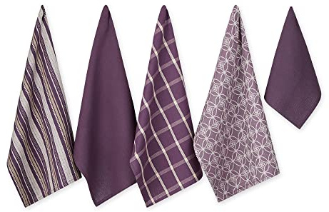 DII - Set di strofinacci da cucina in tessuti assortiti, 45,7 x 71,1 cm, 33 x 33 cm, color melanzana, 5 pezzi