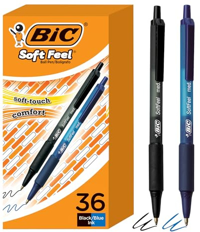 BIC Soft Feel Retractable Ballpoint Pen with 1.0 mm Medium Point and No-Slip Grip, 36-Count in Assorted Ink