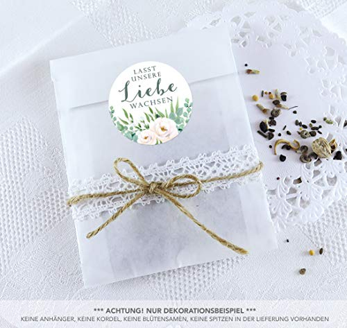 Blütensamen Tüten Set 24 Sticker LASST UNSERE LIEBE WACHSEN BOHO WEIß ROSEN BLÄTTER ZWEIGE EUKALYPTUS GRÜN Ø 4cm matt + 24 Flachbeutel weiß 130 x 95 + 16 mm • Hochzeit Taufe Gastgeschenk Deko