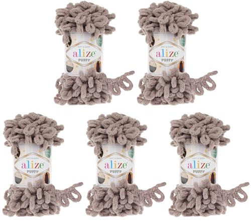Alize Puffy 5 x 100 Gramm Strickwolle, 500 Gramm Fingerstrick - Wolle super Bulky, Schlaufenwolle, Stricken ohne Nadel (Taupe 268)