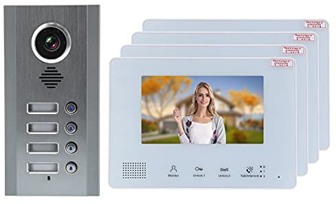 Citofono Con Telecamera, kit videocitofono 2 fili Citofono visivo campanello 7 pollici 2 fili visione notturna citofono di sicurezza 1 telecamera 4 display 100‑240 V