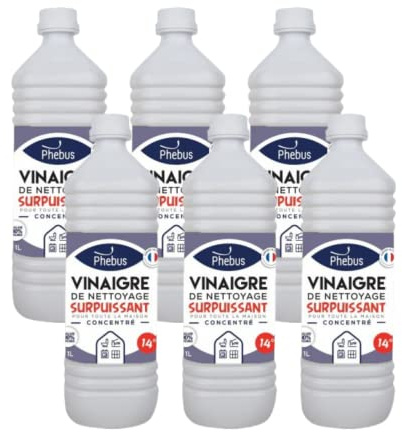 DSTOCK60 - LOT DE 6 BOUTEILLES DE 1 LITRE DE VINAIGRE BLANC NATUREL CONCENTRÉ 14 Degrés (PHEBUS produit d’origine garantie) - DÉGRAISSE, DÉTARTRE, DÉSHERBE - MAISON et JARDINAGE