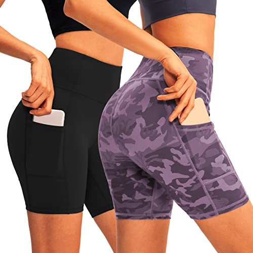 HomyComy Pantaloncini Sportivi Donna Yoga Palestra Pantaloni Corti Vita Alta Fitness Ciclismo Allenamento Jogging Shorts Leggings Corti Hotpants Nero/Mimetico XL