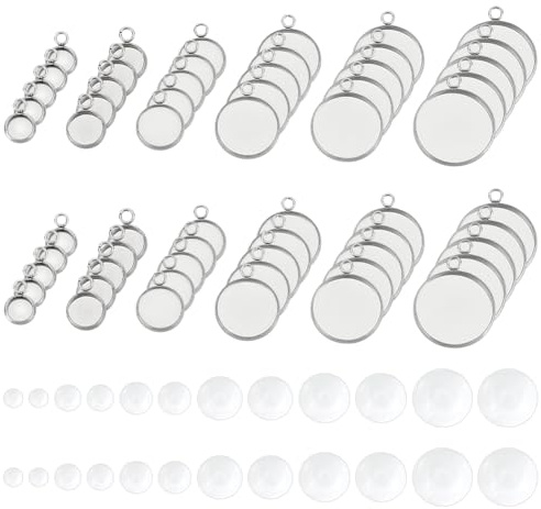 UNICRAFTALE 60Stk Anhänger Tabletts Flache Runde Cabochon Rohlinge Anhänger Set Edelstahl Lünette Anhänger Mit 100Stk Biegeringen Für DIY Schlüsselanhänger Schmuckherstellung, 6/8/10/14/16/18 mm