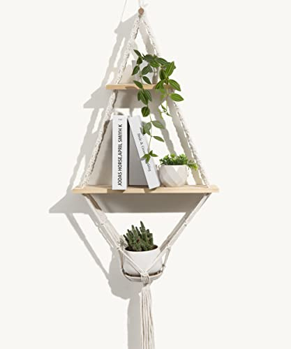 SUMGAR Wandregal Holz Boho Makramee Wandbehang Regal Wand Deko Schweberegal Handgewebte Natürliches Treibholz Hängeregal Chic Schwimmende Regale Für Wohnzimmer Schlafzimmer Flur Hof