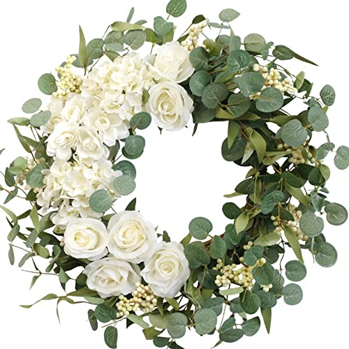 TEMPUS 20 Hydrangeas Spring Wreath for Front Door, Artificial Summer Green Wreaths with White Peony Flowers for Farmhouse Home Wedding Party Wall Windows Outdoor Decor（White）