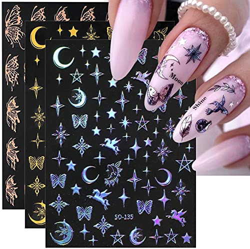 Dornail 3D Schmetterling Nagelsticker - Laser Silber Nail Sticker Metallic Stern Mond Einhorn Nagelaufkleber - 8 Blatt Selbstklebend Frauen Nagel Zubehör