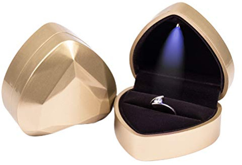 JTLB Herz-Ringbox, Herzförmige Ringbox mit LED-Licht-Display, Aufbewahrung, Schmuckschatulle, Ringtasche, Geburtstagsgeschenk (Golden)