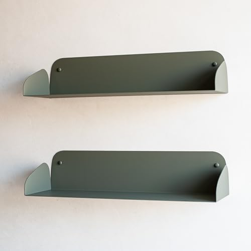 MILUKA Libreria da Parete Sospesa | Set di 2 Mensole da Muro Design in Metallo Verde Oliva 60 cm | Scaffale Modulare Salvaspazio Porta Libri, CD e Oggetti per la Casa