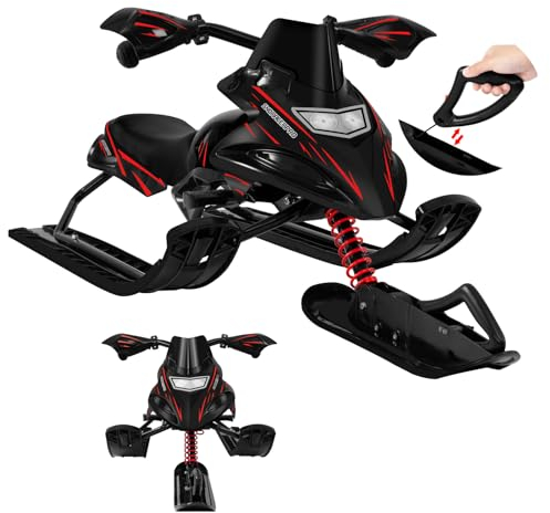 Laneetal Lenkschlitten für Kinder, Schlitten mit Fußbremsen, Bob Kinderschlitten, automatisches Zugseil, gepolsterter Sitz, Metallrahmen, 121x43x50 cm, Rot Schwarz