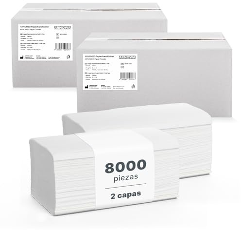 8000x ARNOMED® Papierhandtücher 25x21cm, Handtuchpapier Weiß 2-lagig | Zick Zack Fals Papiertücher für Papiertuchspender, Zellstoff Falthandtücher, Paper Towels, Einmalhandtücher, Tissue