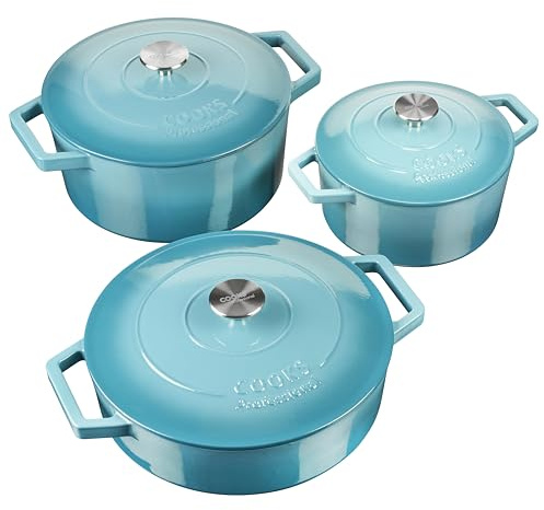 Cooks Professional Set of 3 Cast Iron Casserole Dishes with Lid & Handles | 20, 26 & 28cm | Colourful Enamelled Cooking Pans Pots | Suitable For All Hobs Inc Induction | Oven & Grill Safe | Teal